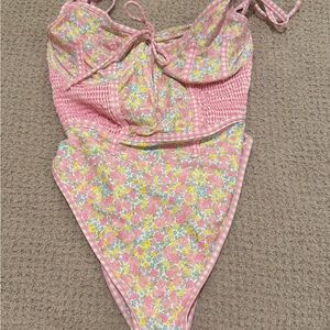 For Love & Lemons Pink Floral One-Piece with Gingham Trim